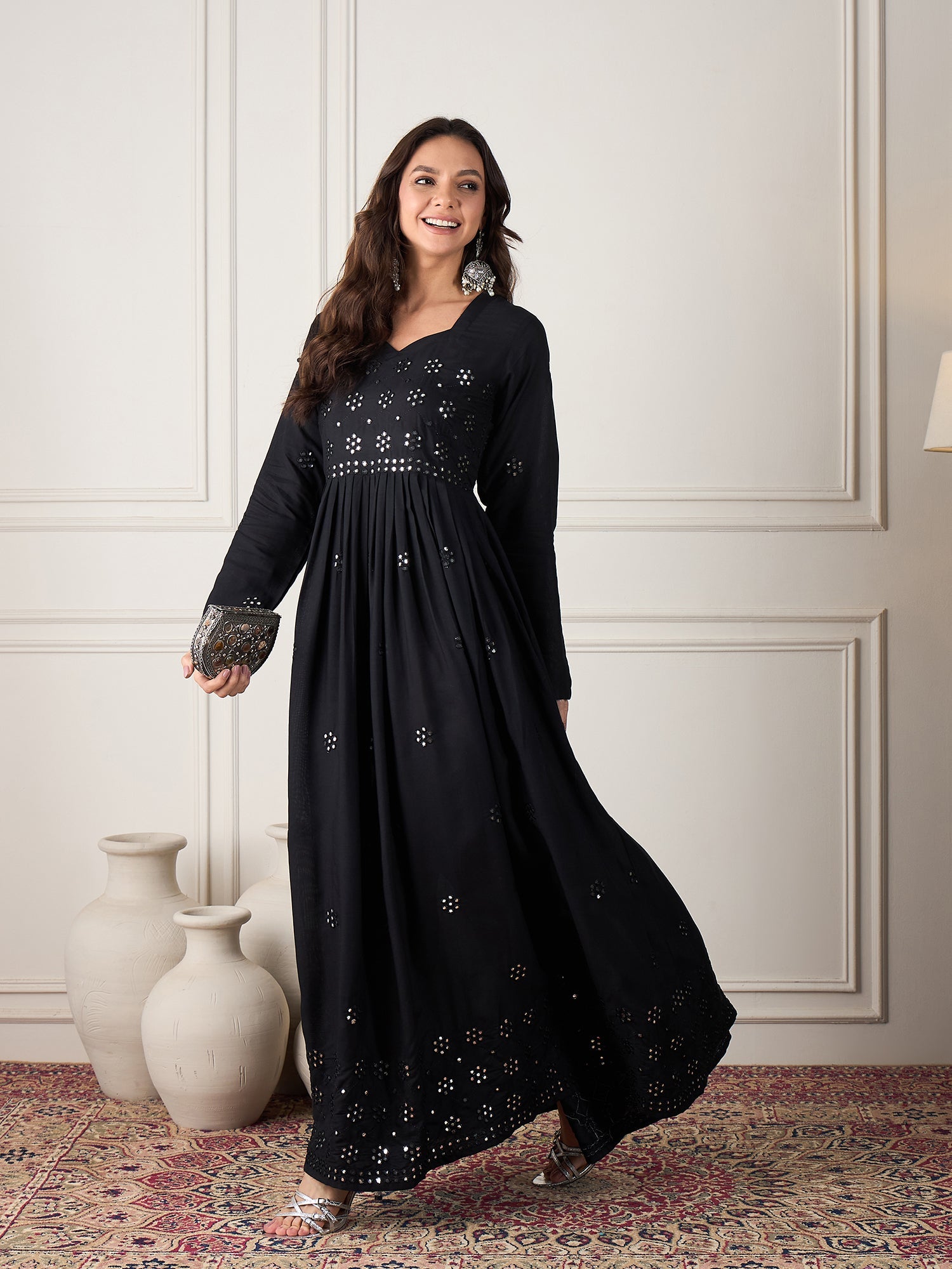 Women's Black Mirror Work Long Anarkali Kurta - InWeave