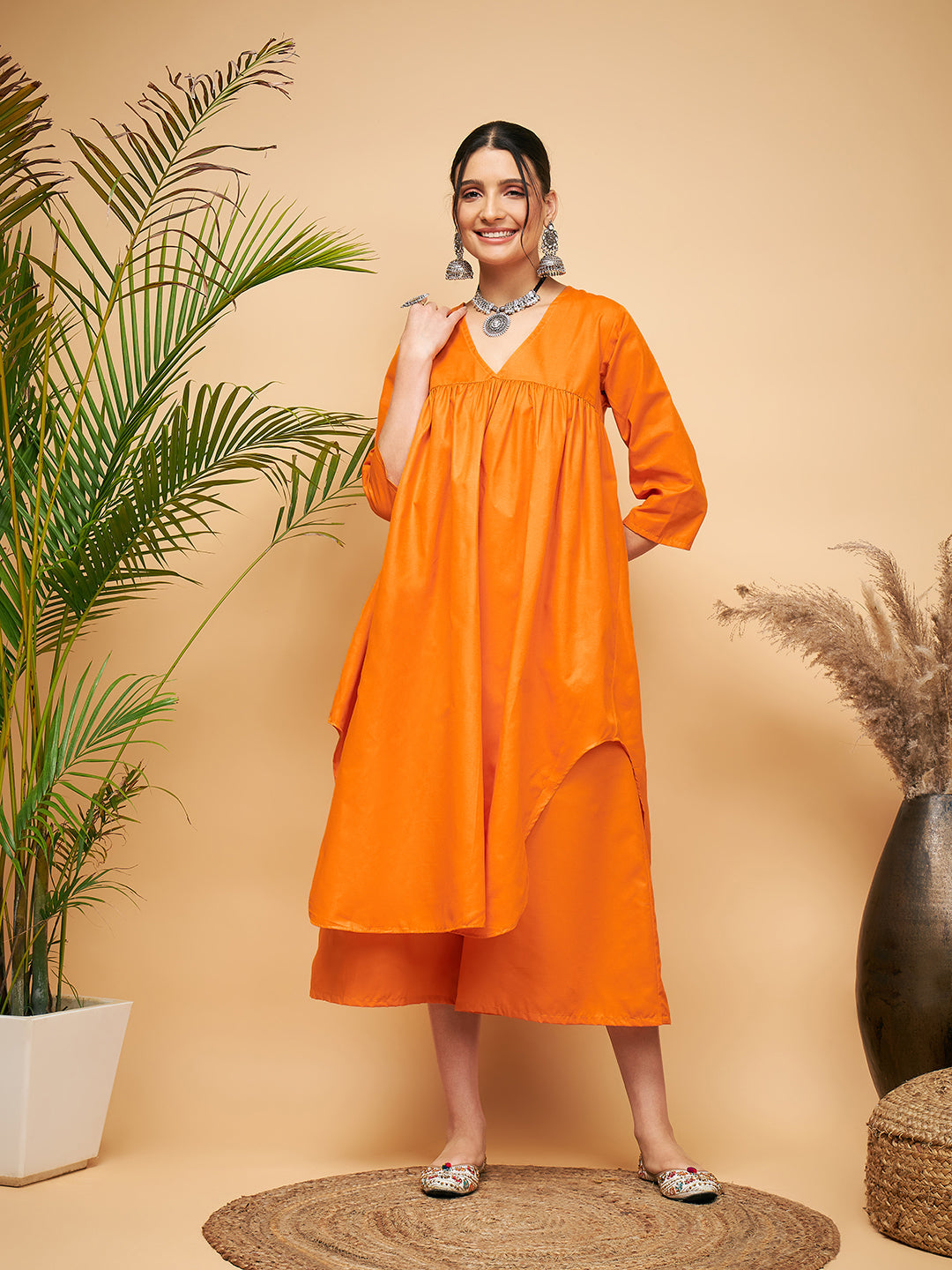 Women's Tangy Orange Poplin Flared Kurta - InWeave