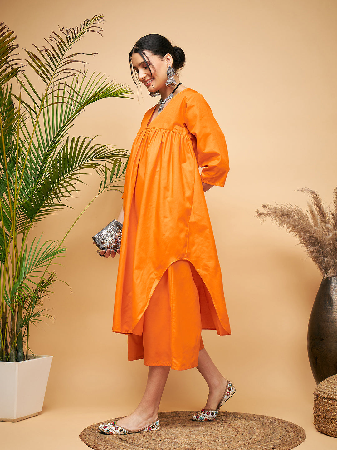 Women's Tangy Orange Poplin Flared Kurta - InWeave