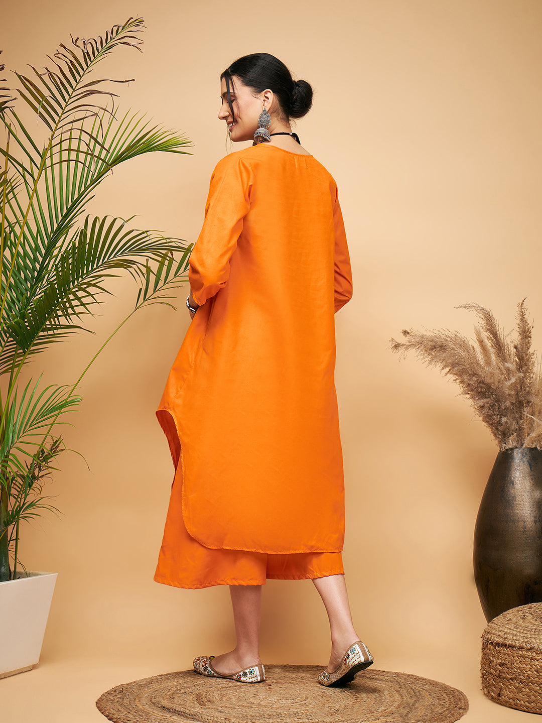 Women's Tangy Orange Poplin Flared Kurta - InWeave