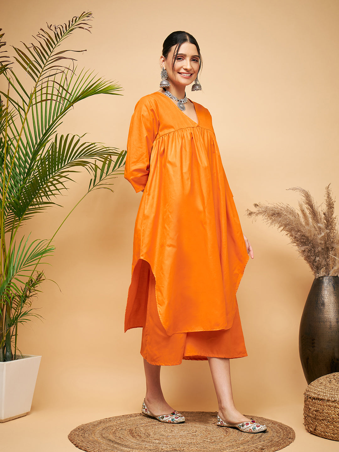 Women's Tangy Orange Poplin Flared Kurta - InWeave