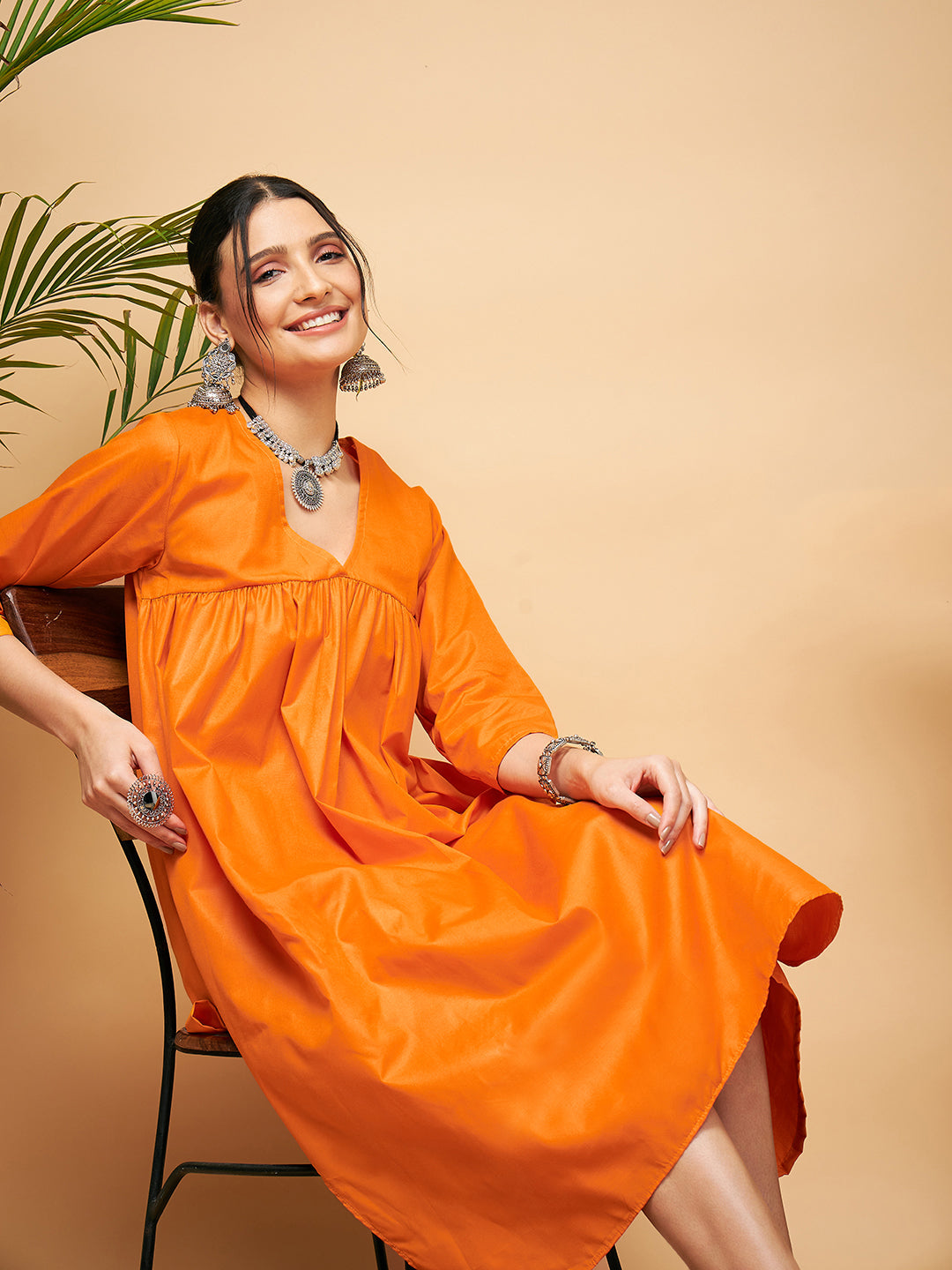 Women's Tangy Orange Poplin Flared Kurta - InWeave