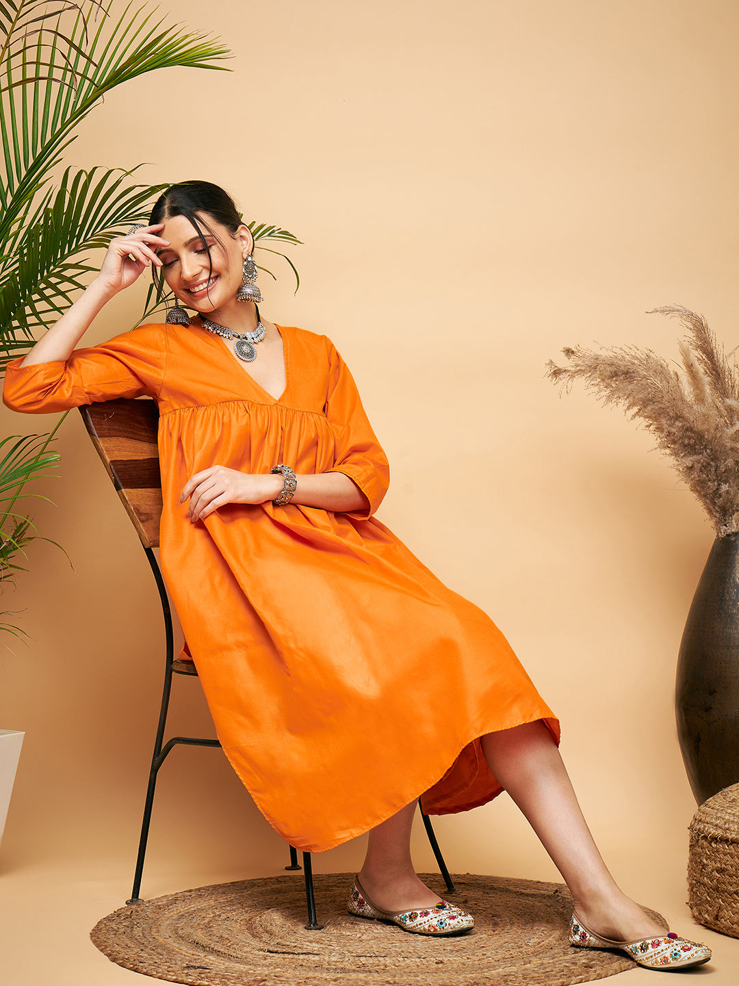 Women's Tangy Orange Poplin Flared Kurta - InWeave