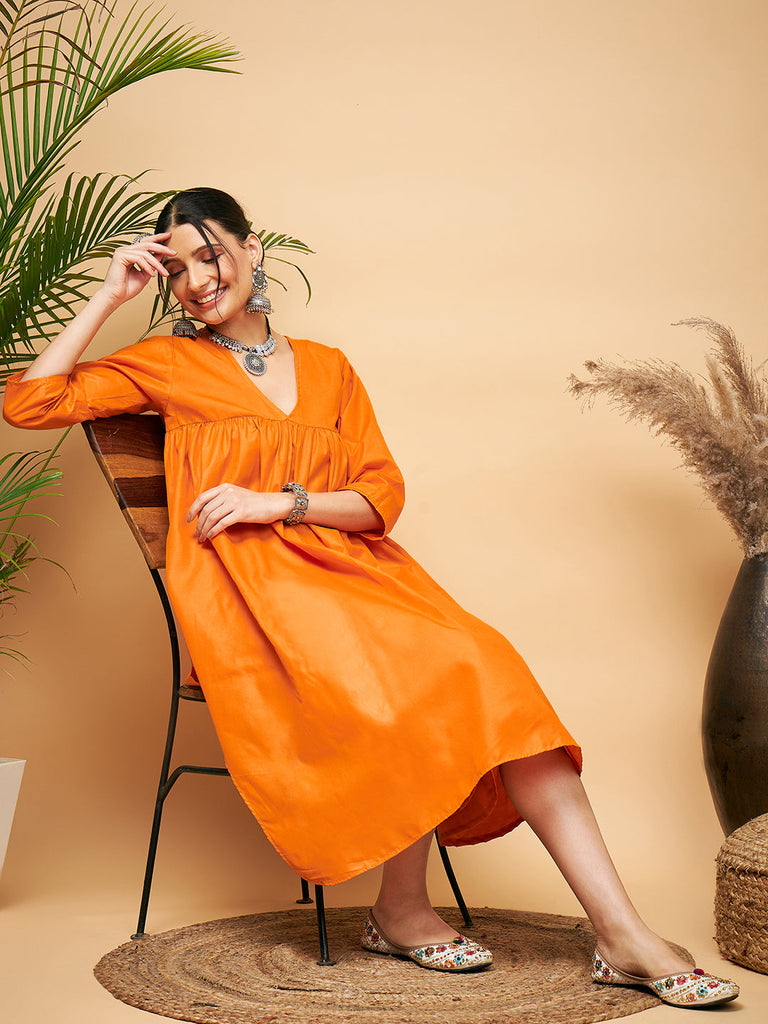 Women's Tangy Orange Poplin Flared Kurta