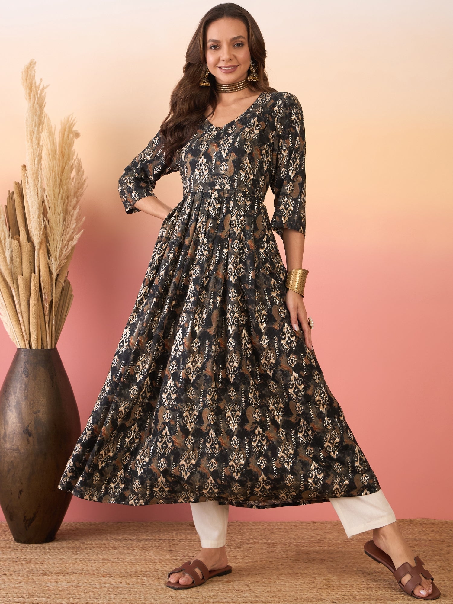 Women's Black Ikkat Print Foil Long Anarkali Kurta - InWeave