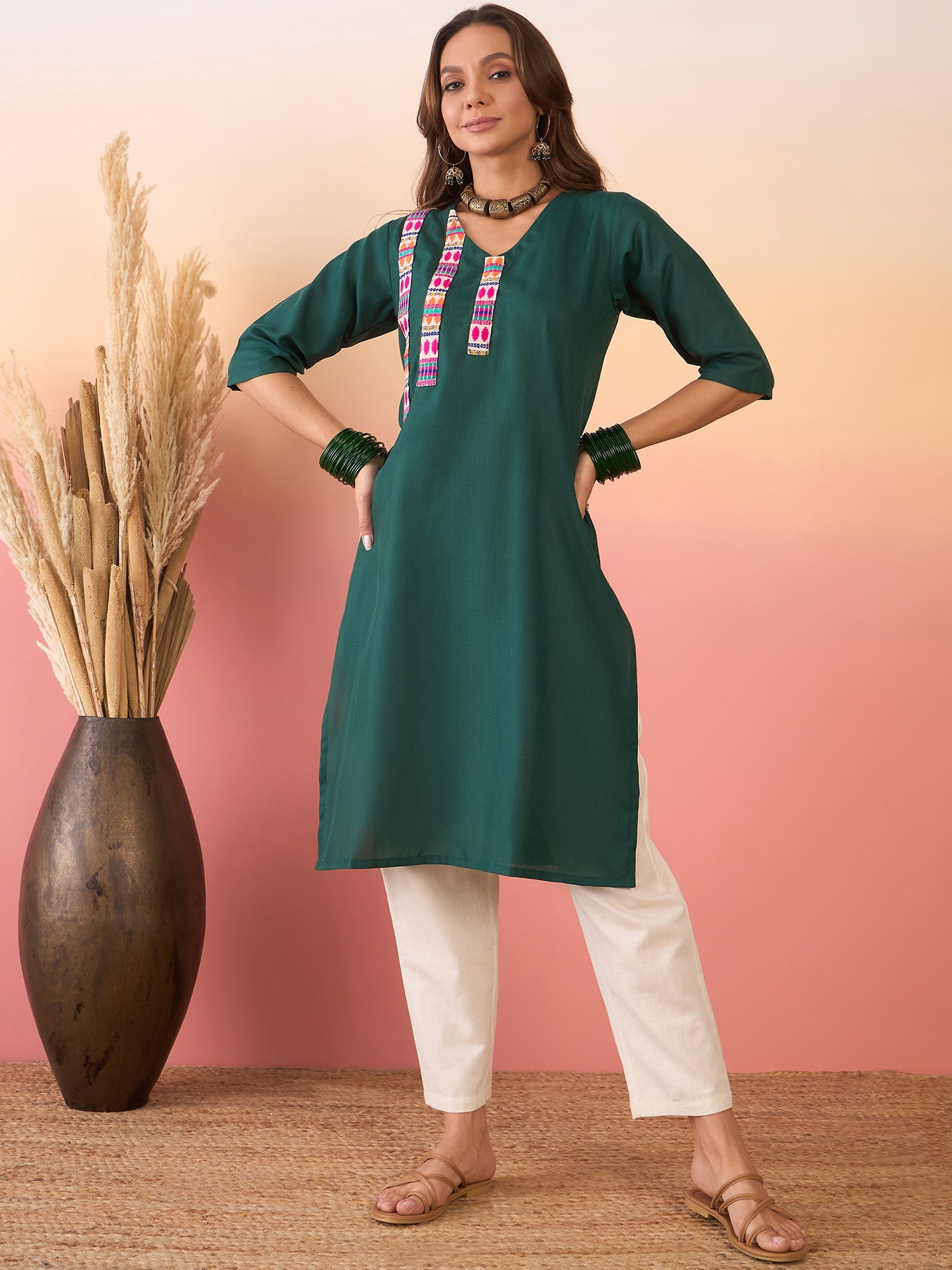 Women's Dark Green Linen Pink Blue Patti V Neck Kurta - InWeave