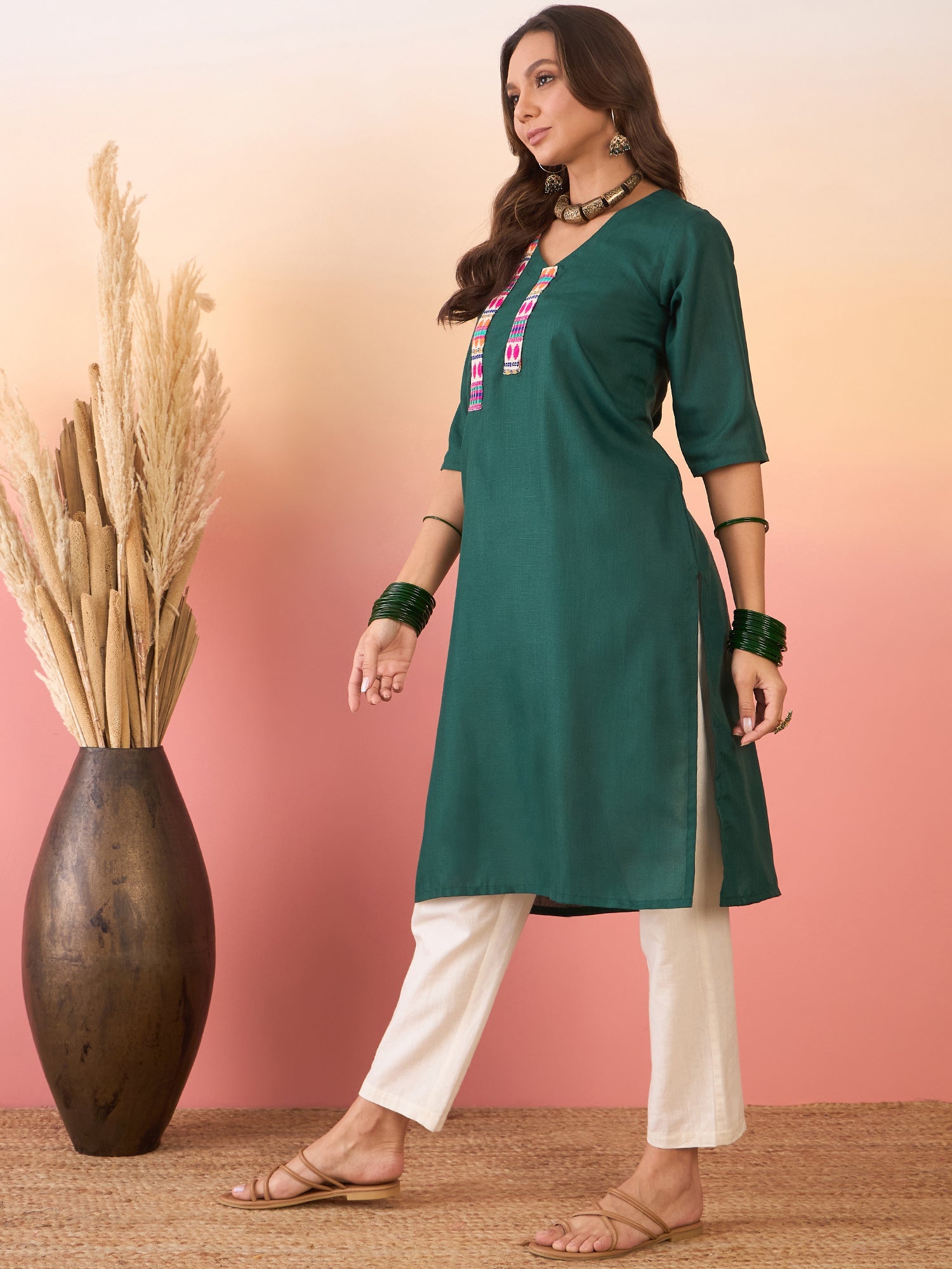 Women's Dark Green Linen Pink Blue Patti V Neck Kurta - InWeave