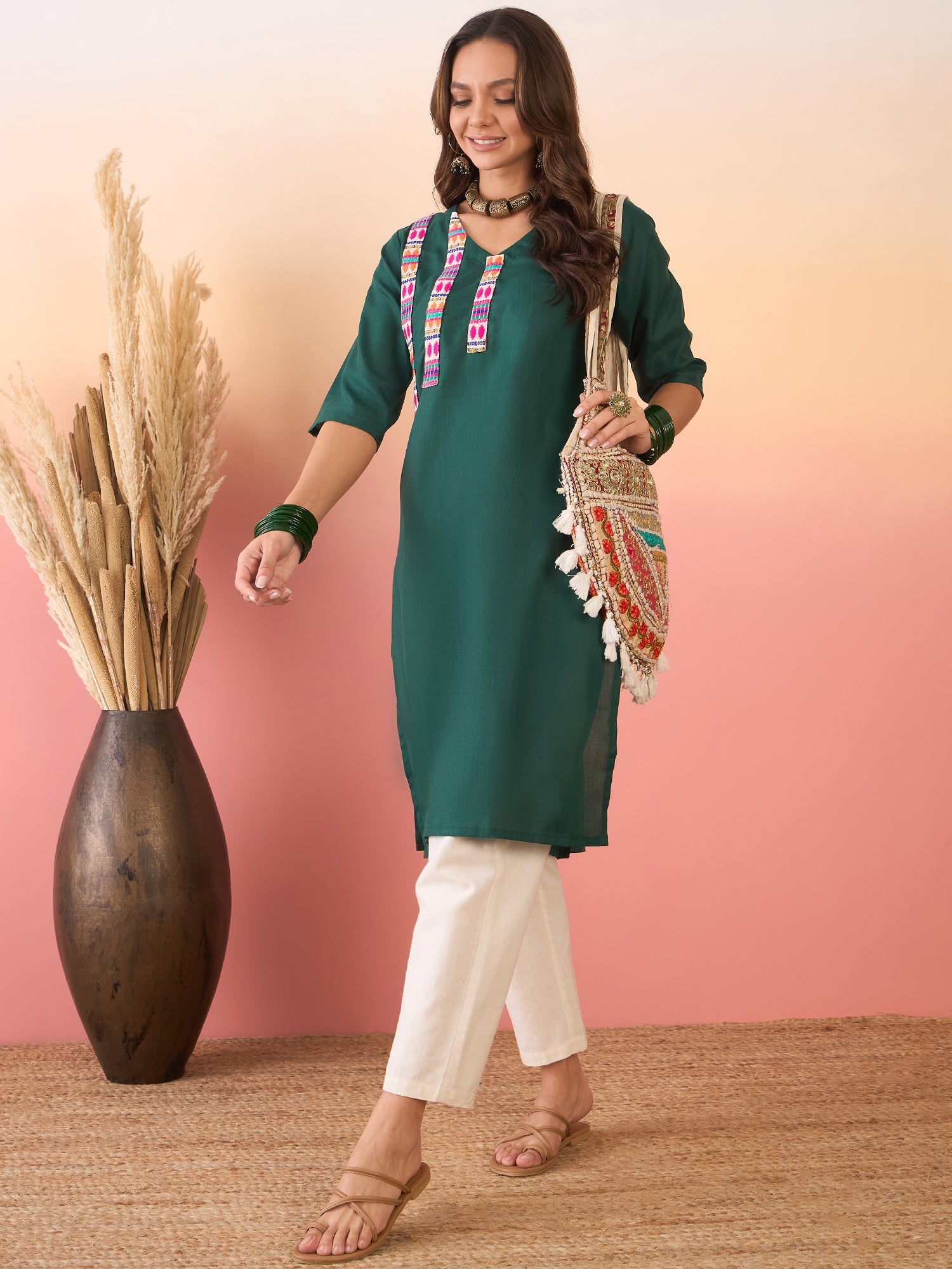 Women's Dark Green Linen Pink Blue Patti V Neck Kurta - InWeave