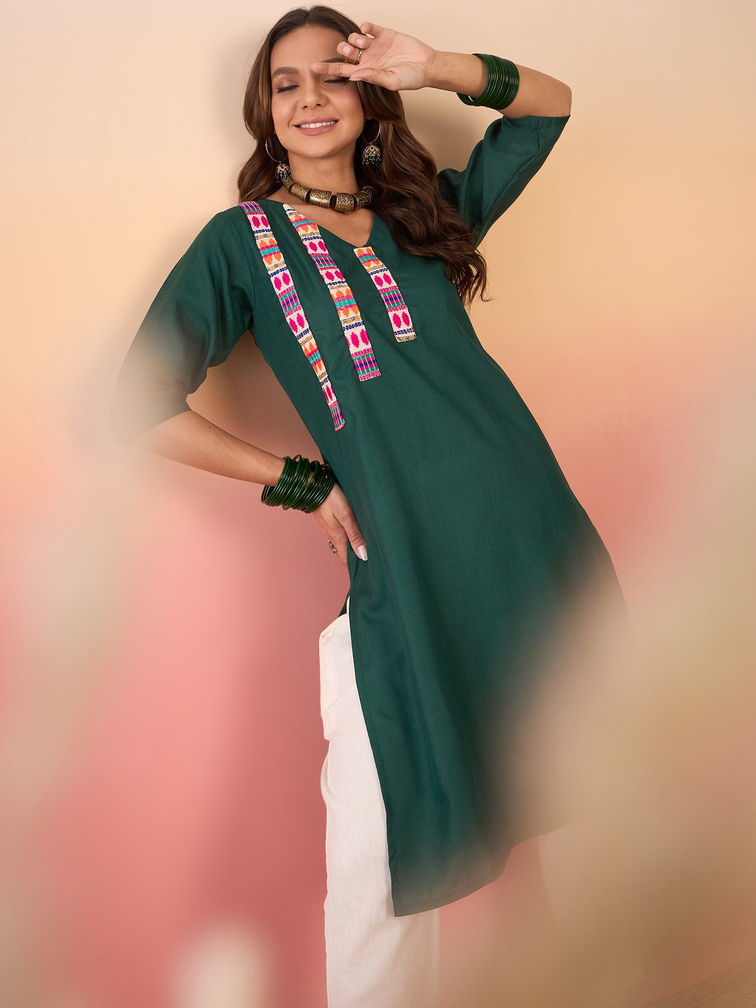 Women's Dark Green Linen Pink Blue Patti V Neck Kurta - InWeave