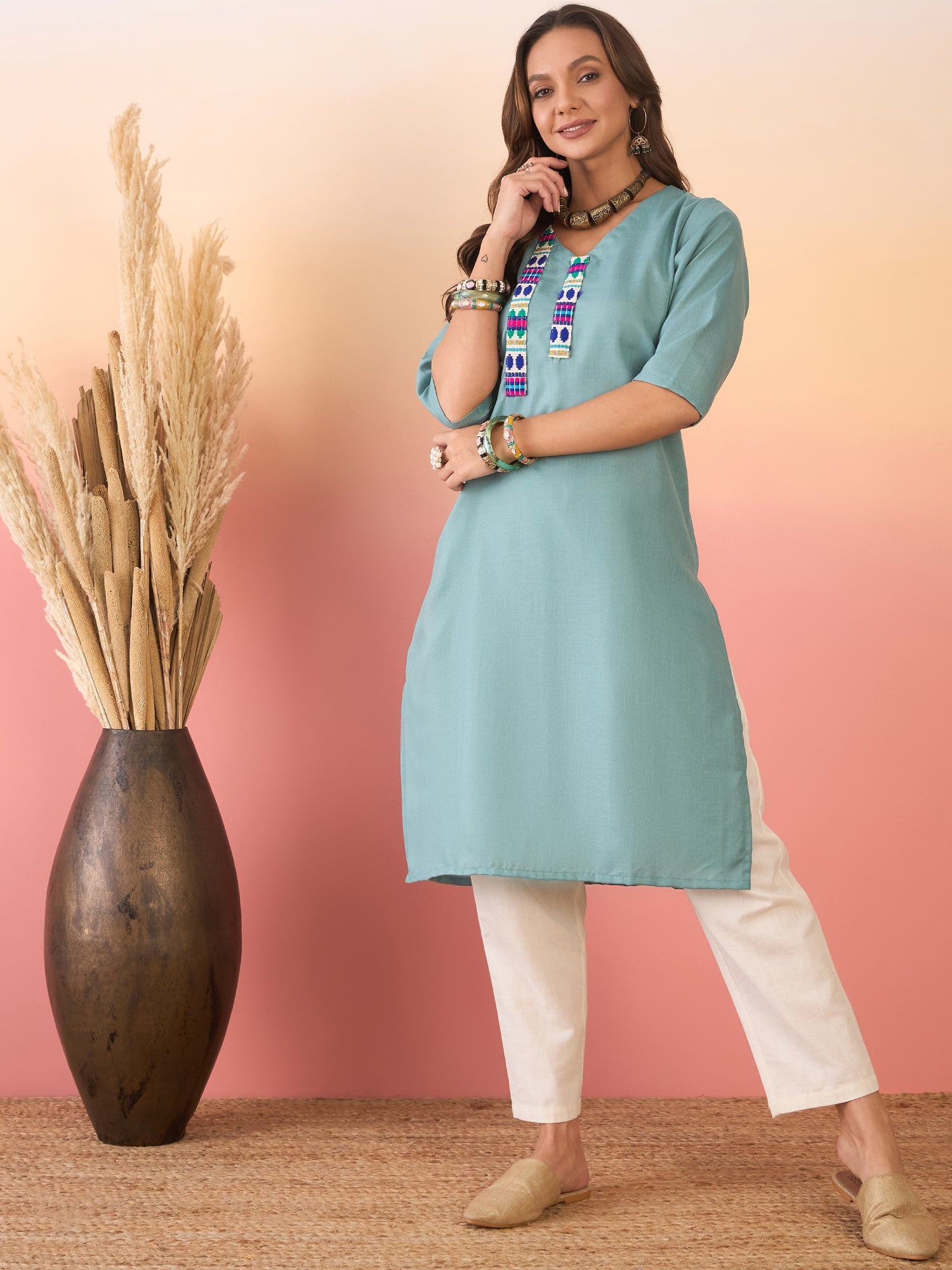 Women's Dusty Teal Linen Pink Blue Teal Patti V Neck Kurta - InWeave