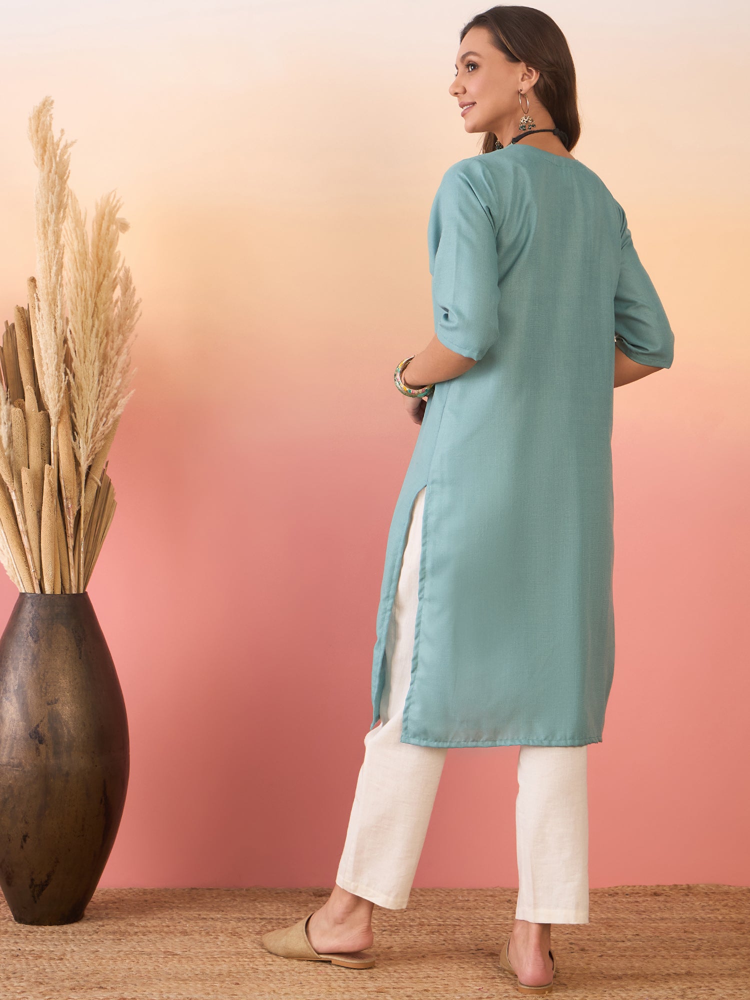 Women's Dusty Teal Linen Pink Blue Teal Patti V Neck Kurta - InWeave