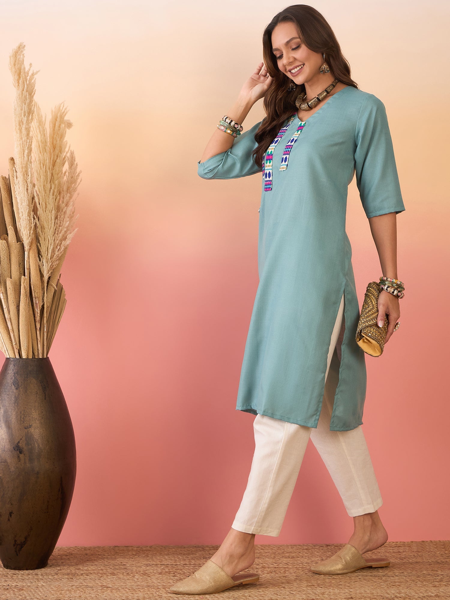 Women's Dusty Teal Linen Pink Blue Teal Patti V Neck Kurta - InWeave