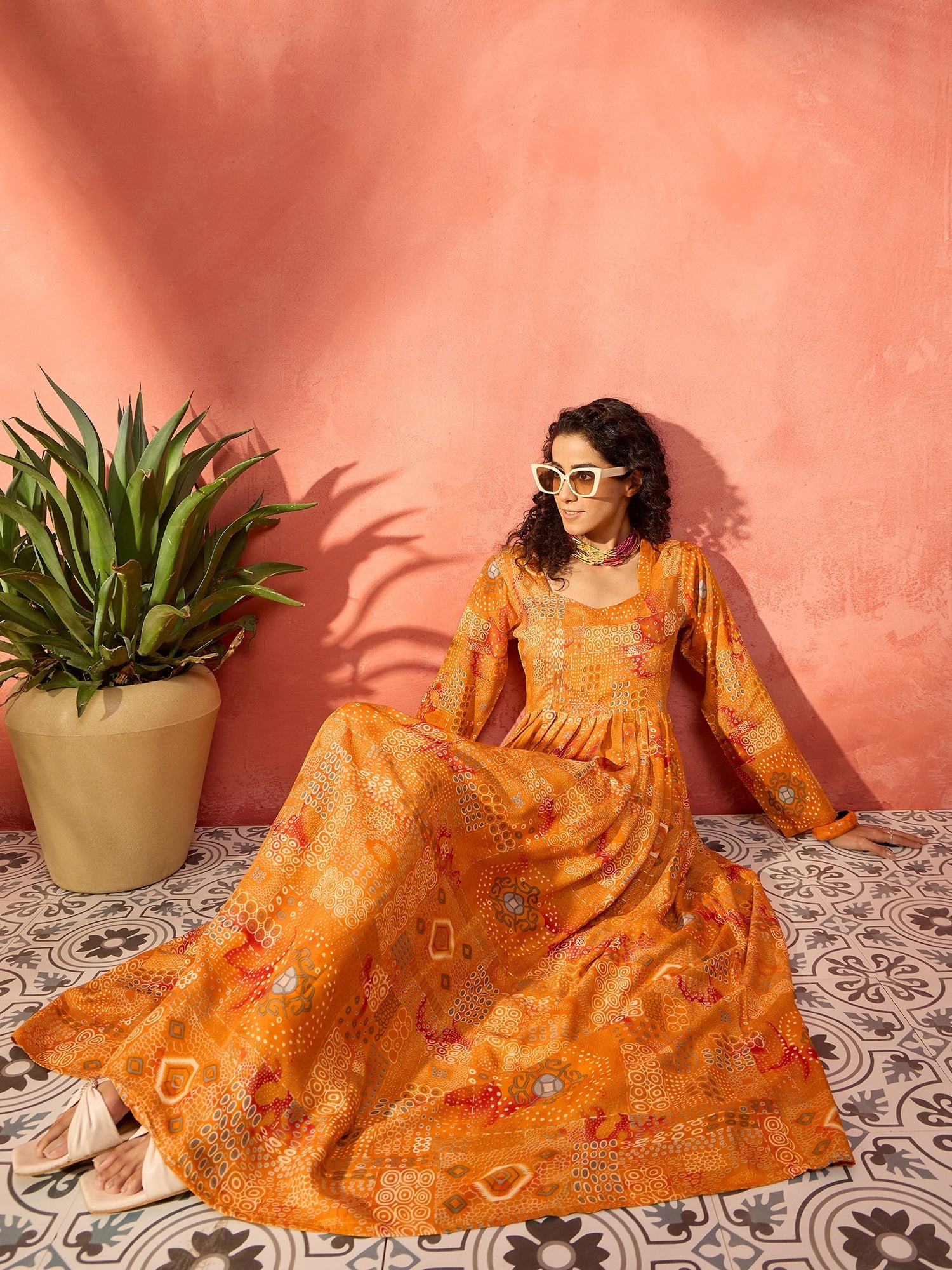 Women's Yam Orange Unique Foil Sweetheart Neck Long Anarkali Kurta - InWeave