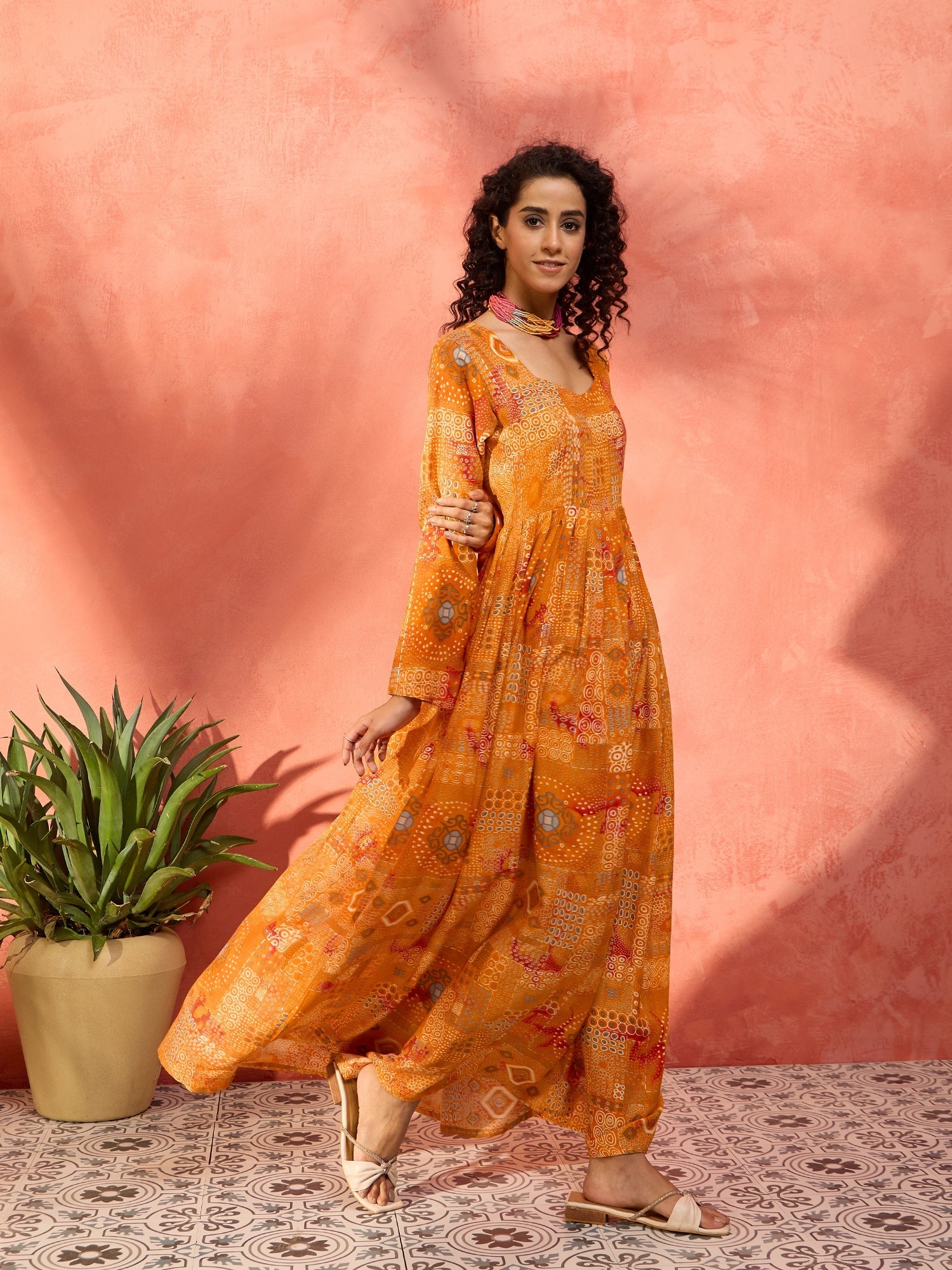 Women's Yam Orange Unique Foil Sweetheart Neck Long Anarkali Kurta - InWeave