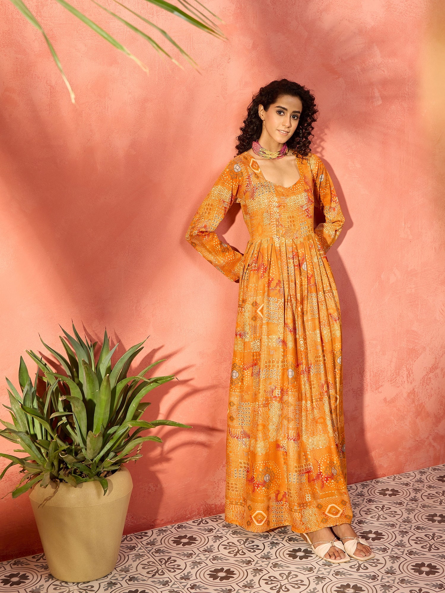 Women's Yam Orange Unique Foil Sweetheart Neck Long Anarkali Kurta - InWeave