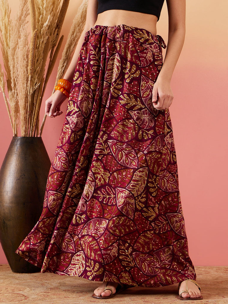 Women's Wine Maroon Leaf Print Foil Skirt