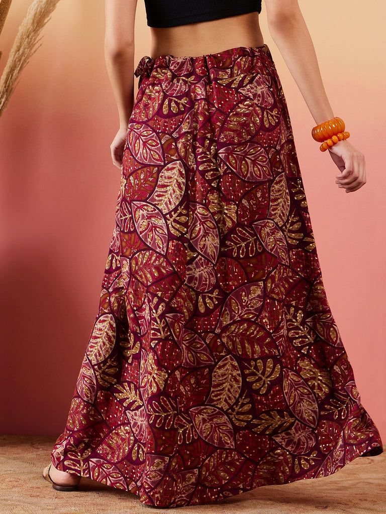 Women's Wine Maroon Leaf Print Foil Skirt