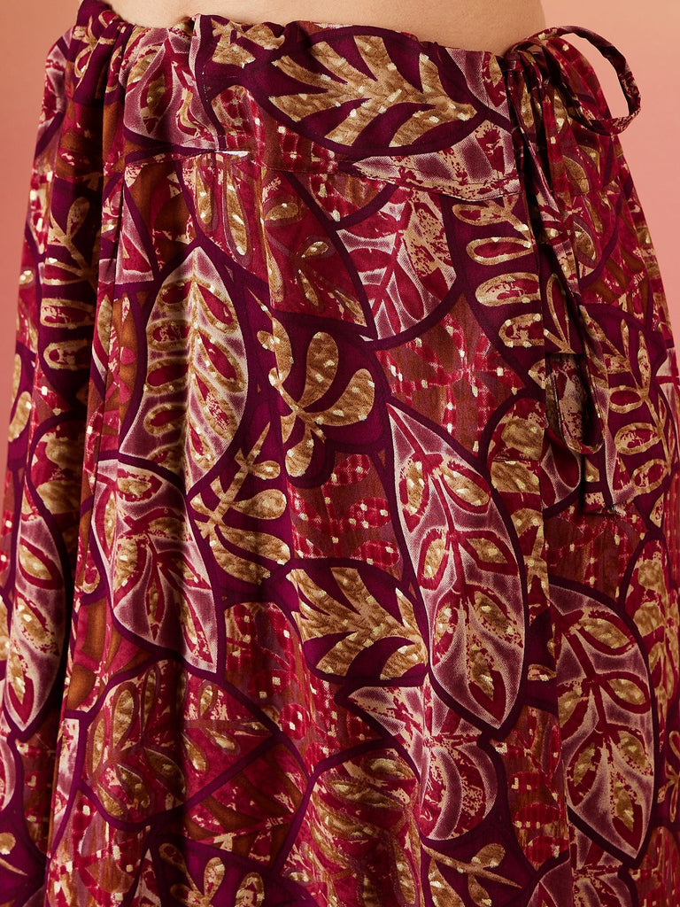 Women's Wine Maroon Leaf Print Foil Skirt