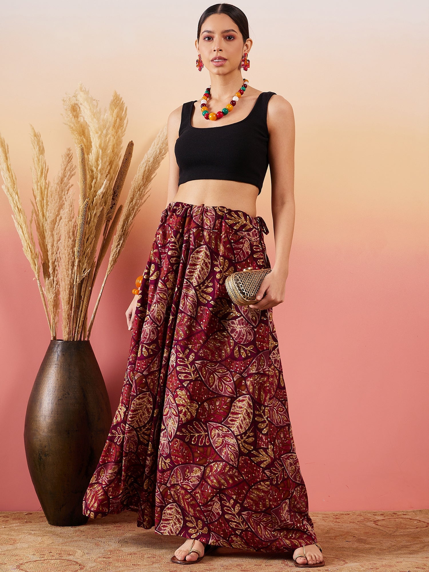 Women's Wine Maroon Leaf Print Foil Skirt - InWeave