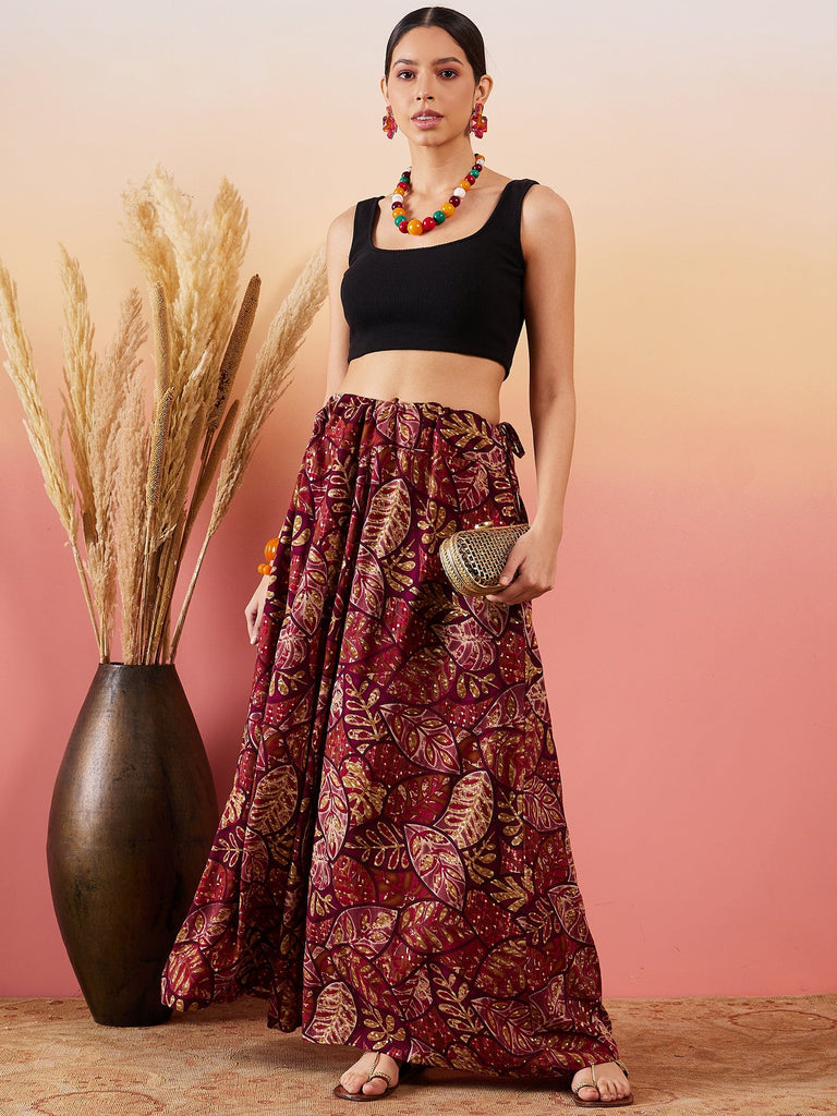 Women's Wine Maroon Leaf Print Foil Skirt