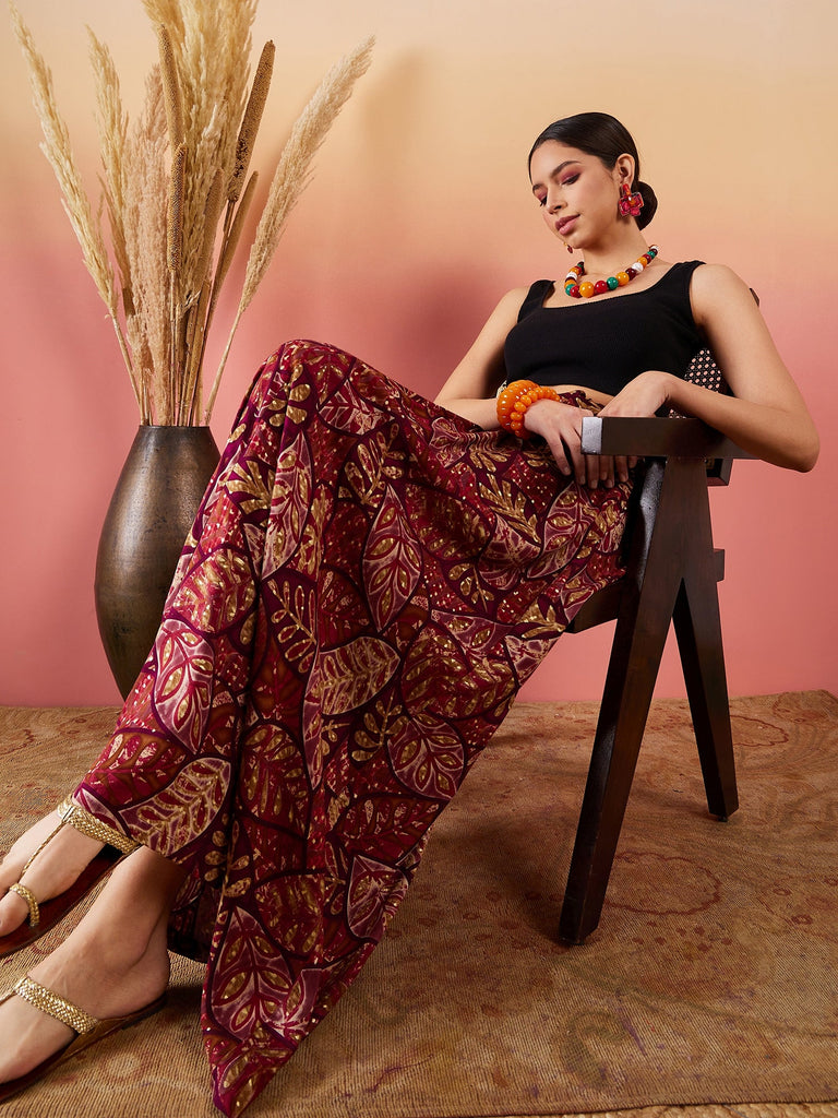 Women's Wine Maroon Leaf Print Foil Skirt