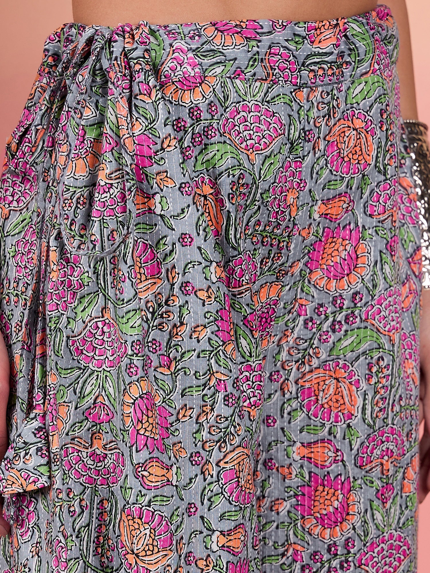 Women's Grey Kantha Floral Jaal Print Palazzo - InWeave