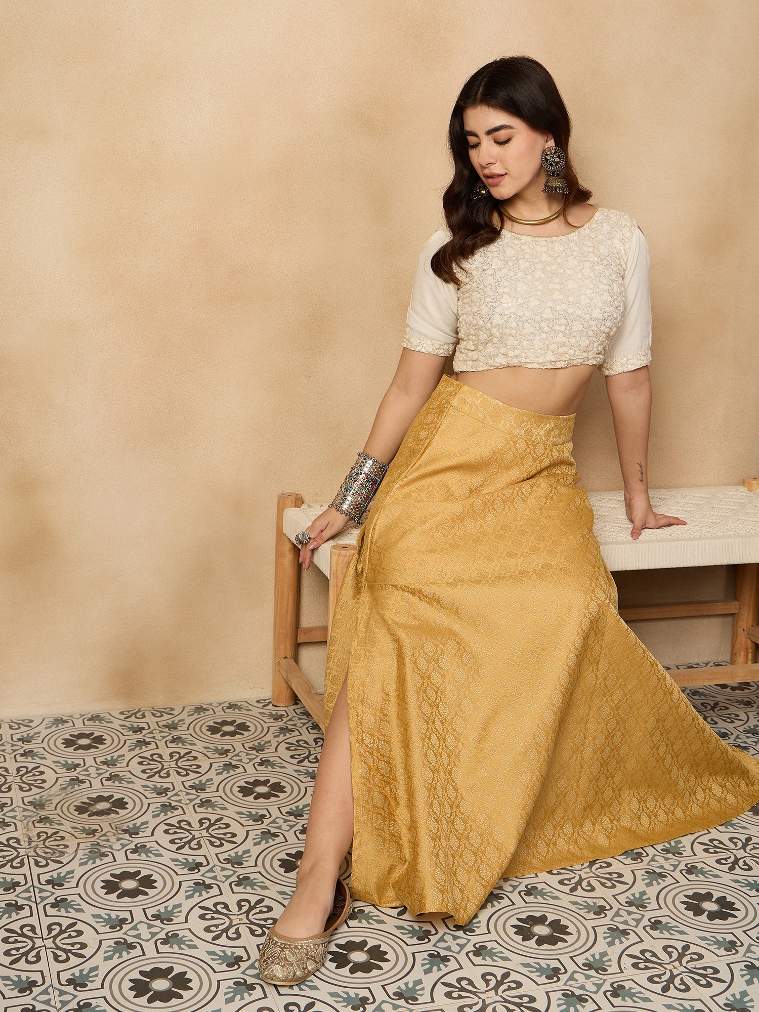 Women's Golden Brocade Side Slit Skirt - InWeave