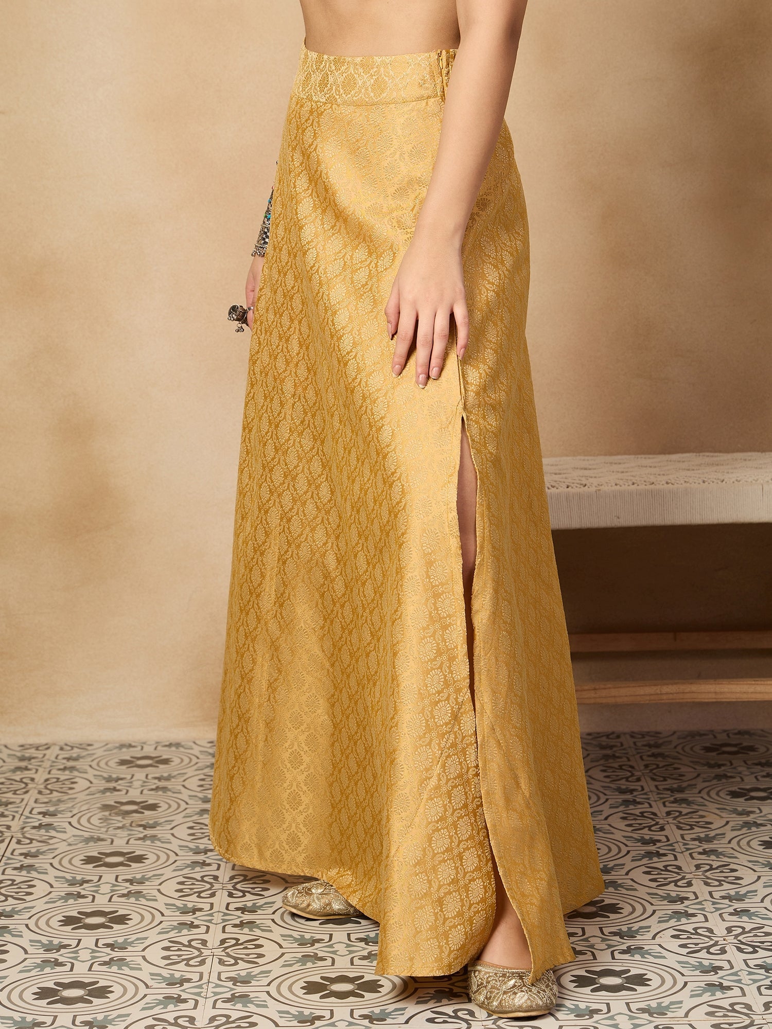 Women's Golden Brocade Side Slit Skirt - InWeave