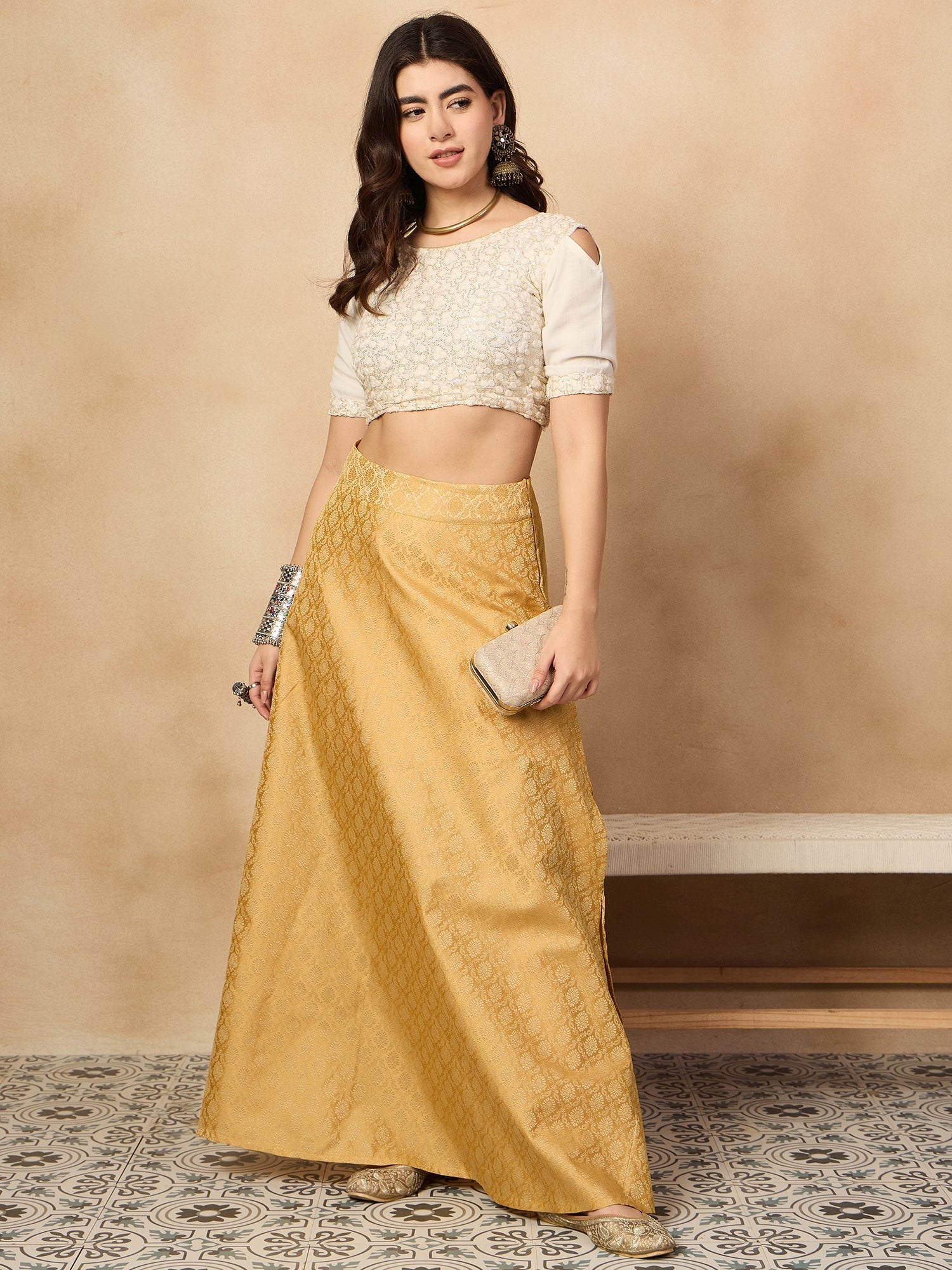 Women's Golden Brocade Side Slit Skirt - InWeave