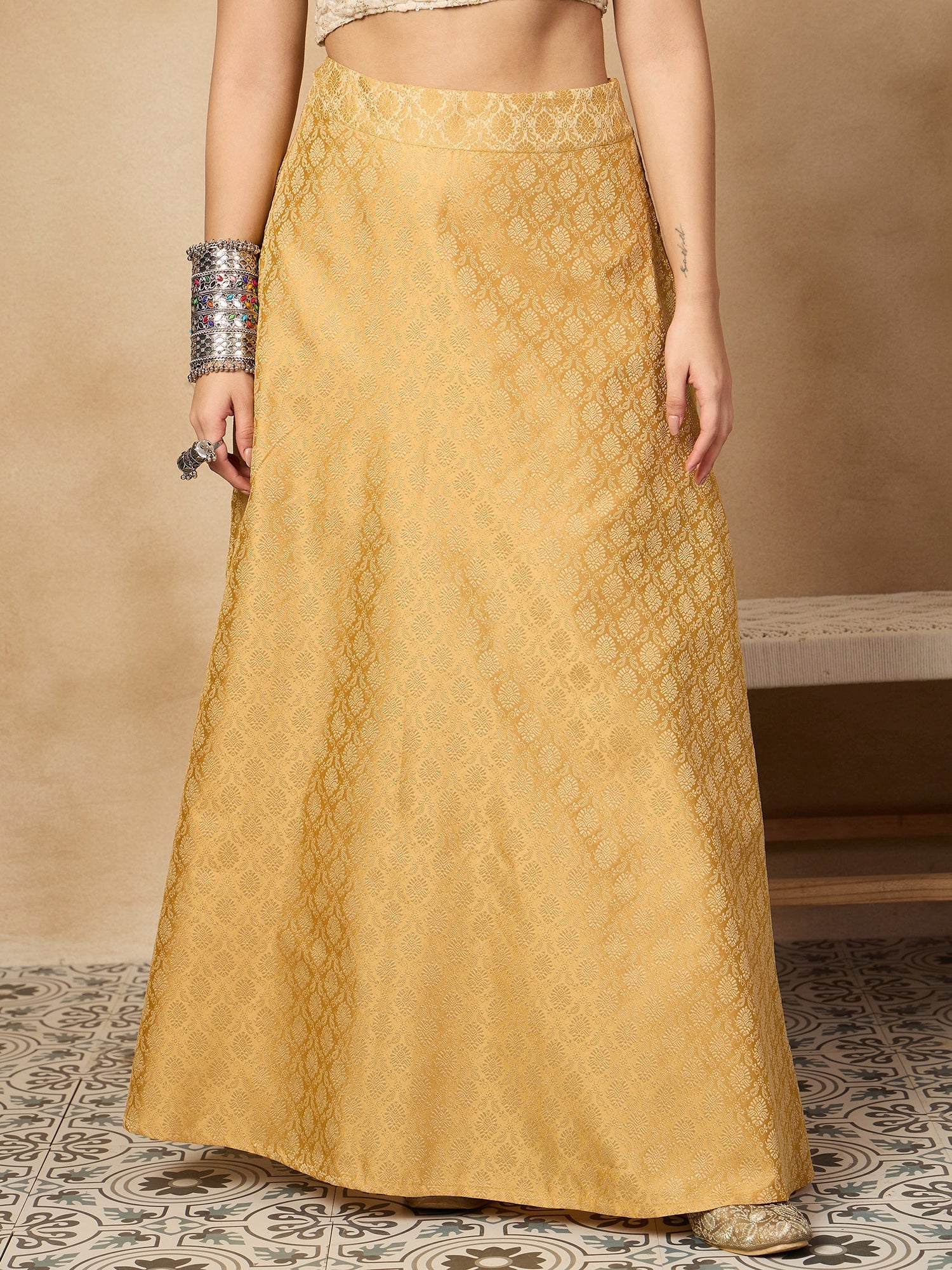 Women's Golden Brocade Side Slit Skirt - InWeave