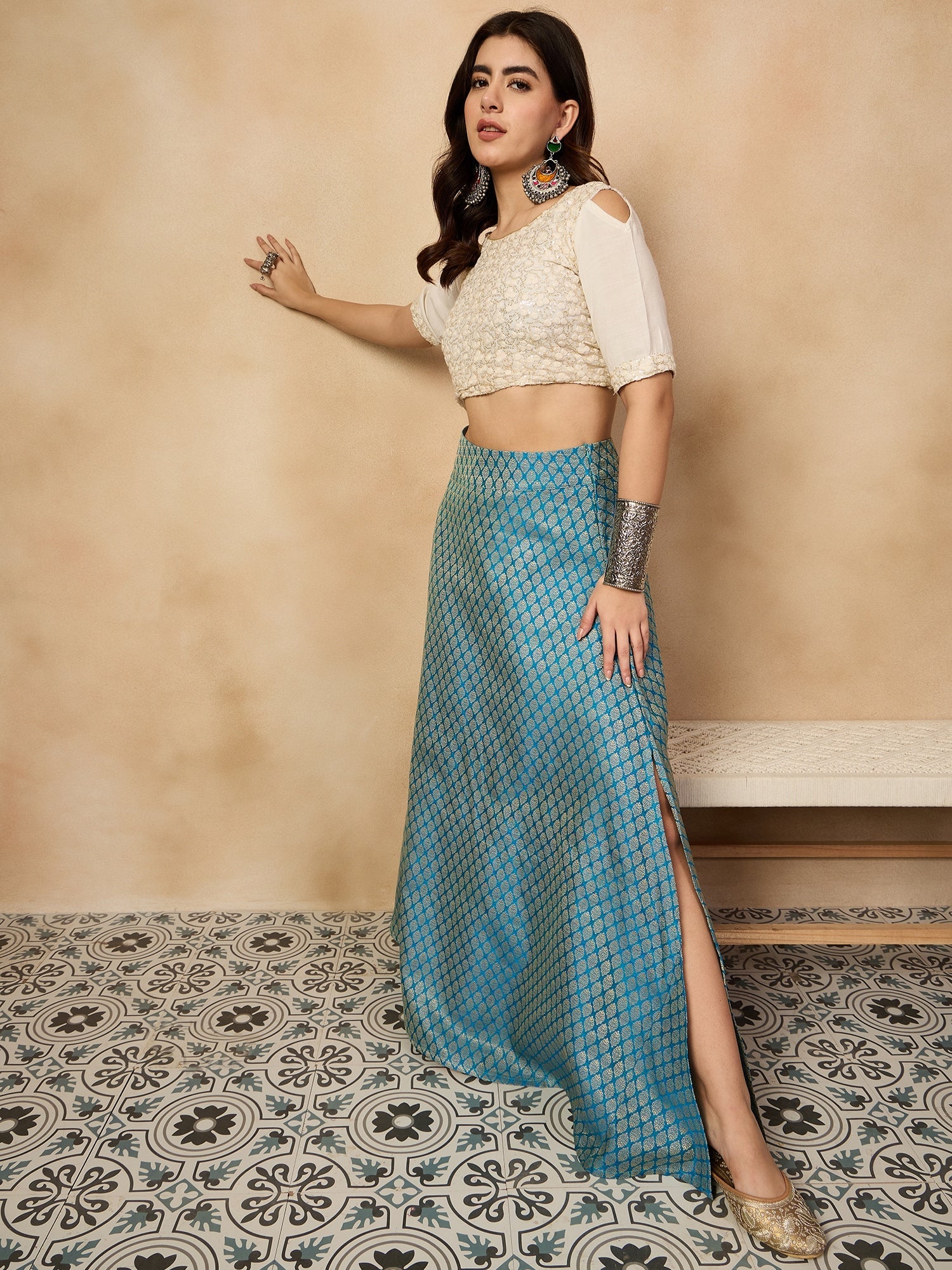 Women's Maya Blue Brocade Side Slit Skirt - InWeave