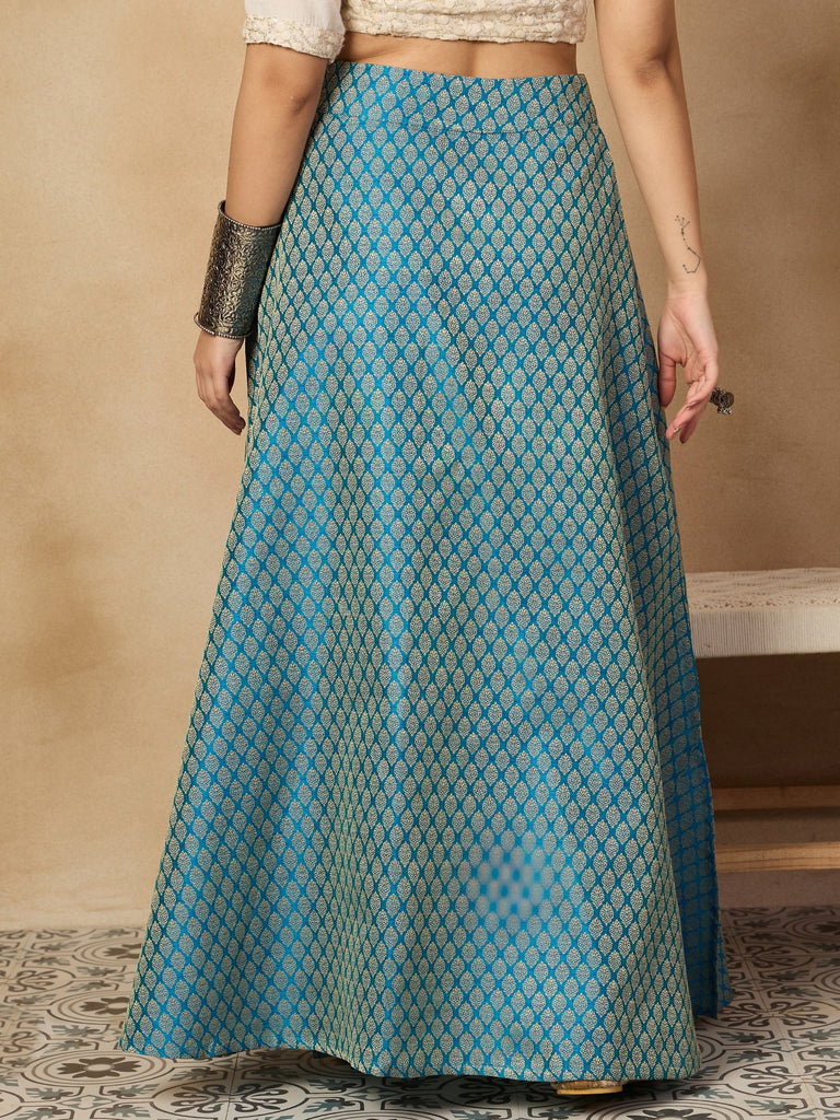 Women's Maya Blue Brocade Side Slit Skirt