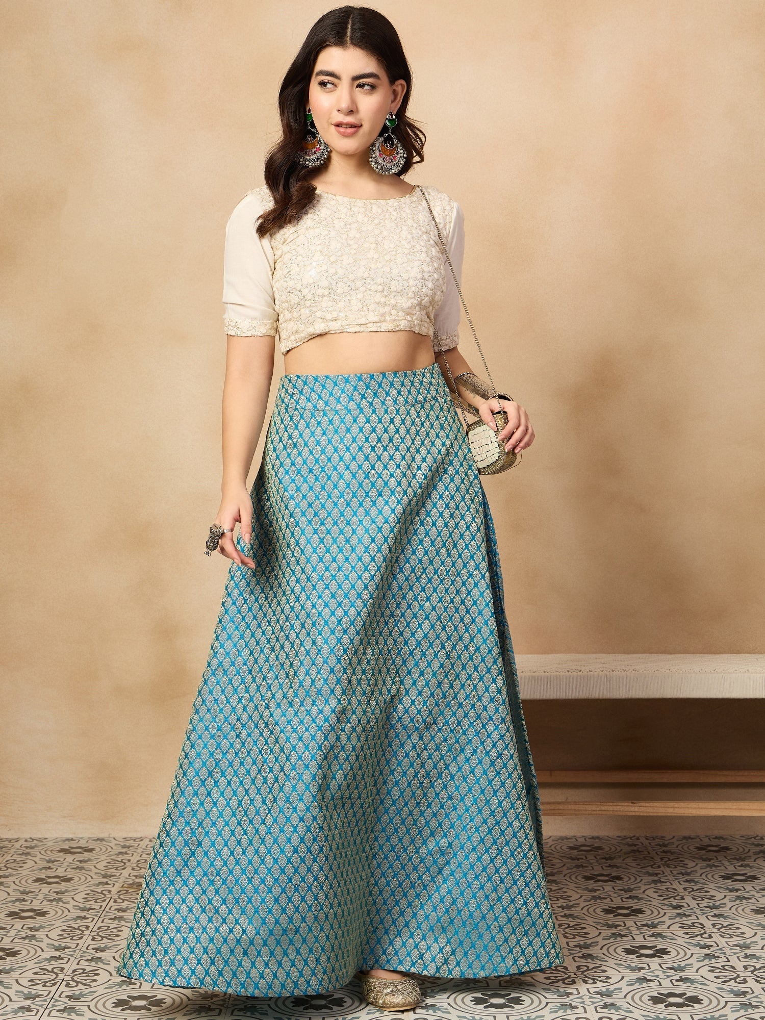 Women's Maya Blue Brocade Side Slit Skirt - InWeave