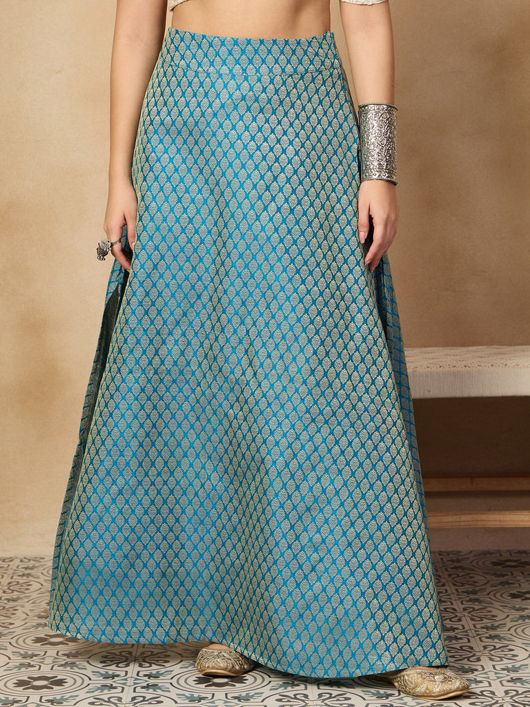 Women's Maya Blue Brocade Side Slit Skirt