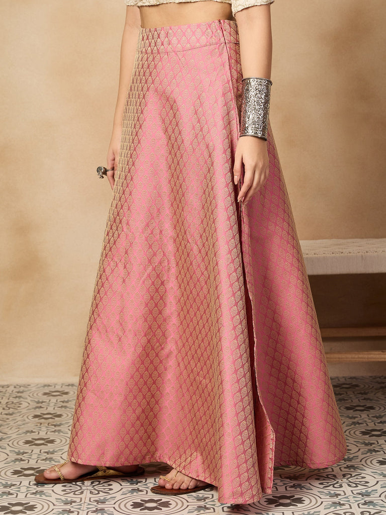 Women's Light Pink Brocade Side Slit Skirt