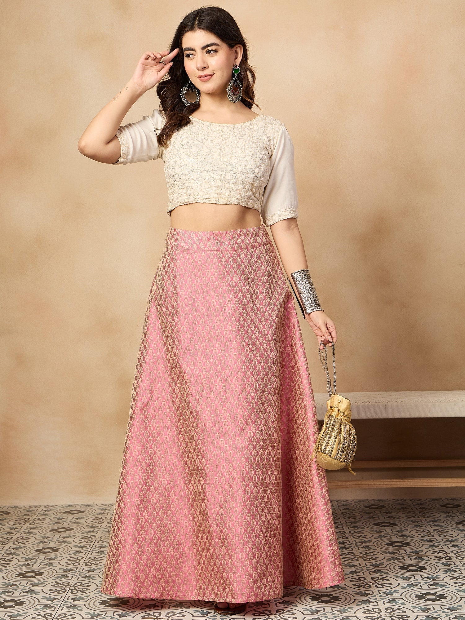 Women's Light Pink Brocade Side Slit Skirt - InWeave