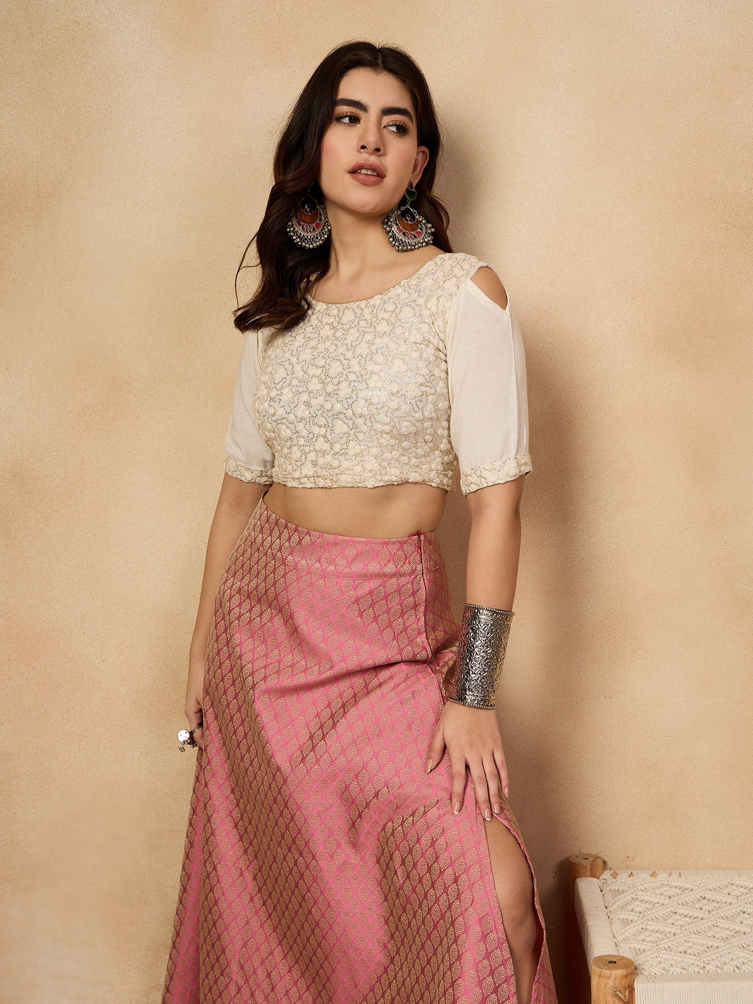 Women's Light Pink Brocade Side Slit Skirt - InWeave