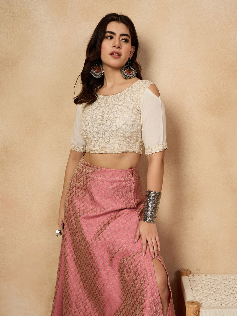 Women's Light Pink Brocade Side Slit Skirt