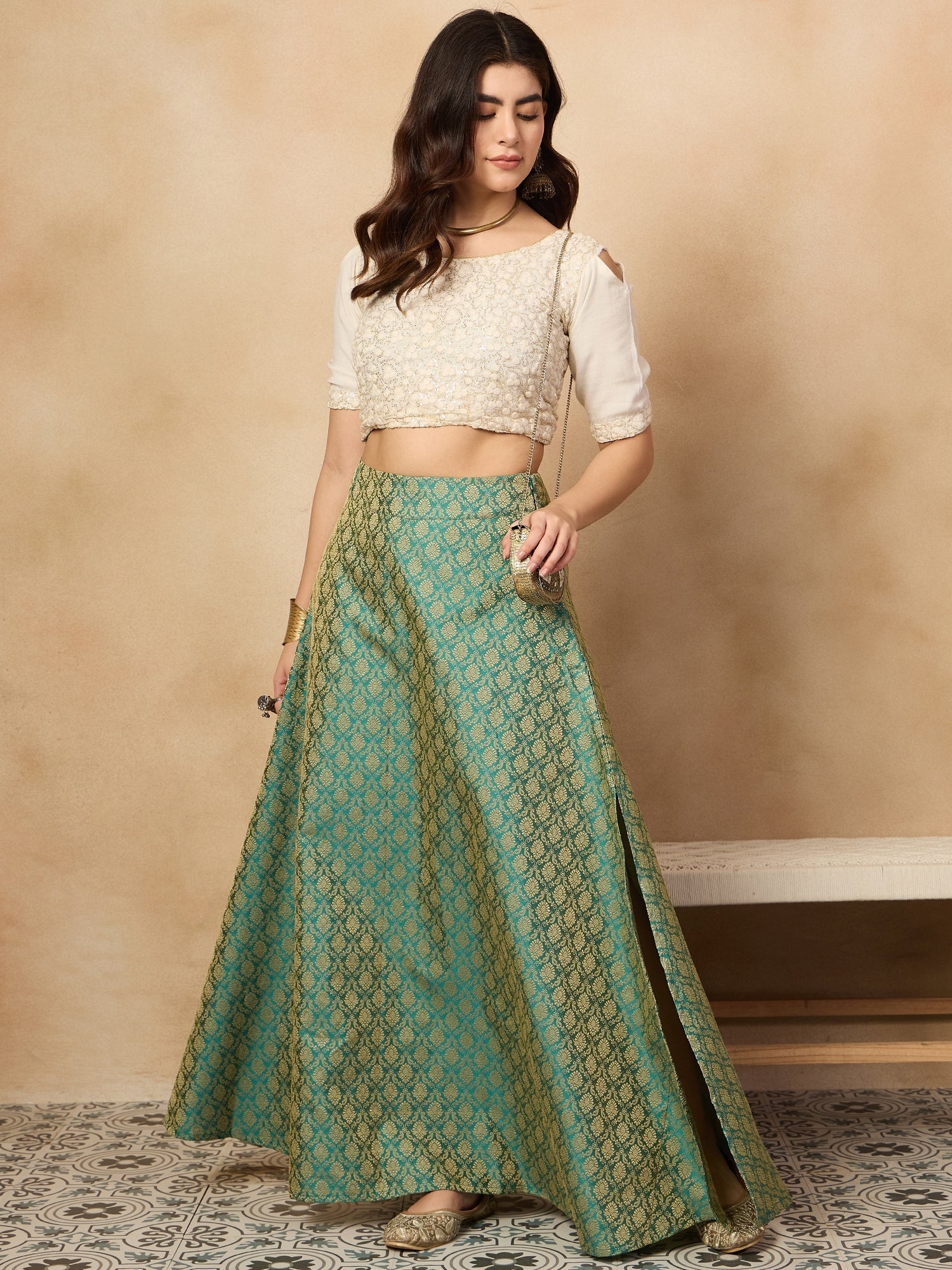 Women's Light Green Brocade Side Slit Skirt - InWeave