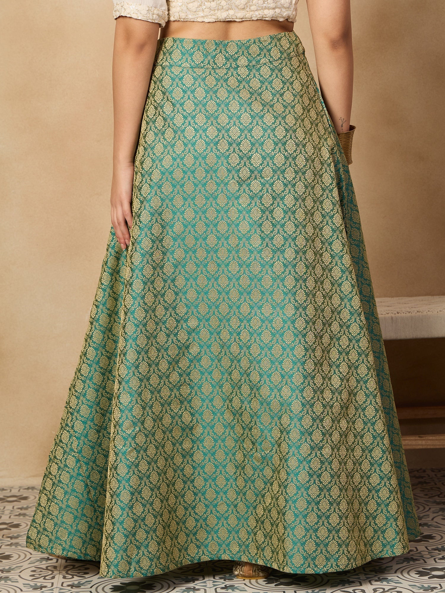 Women's Light Green Brocade Side Slit Skirt - InWeave