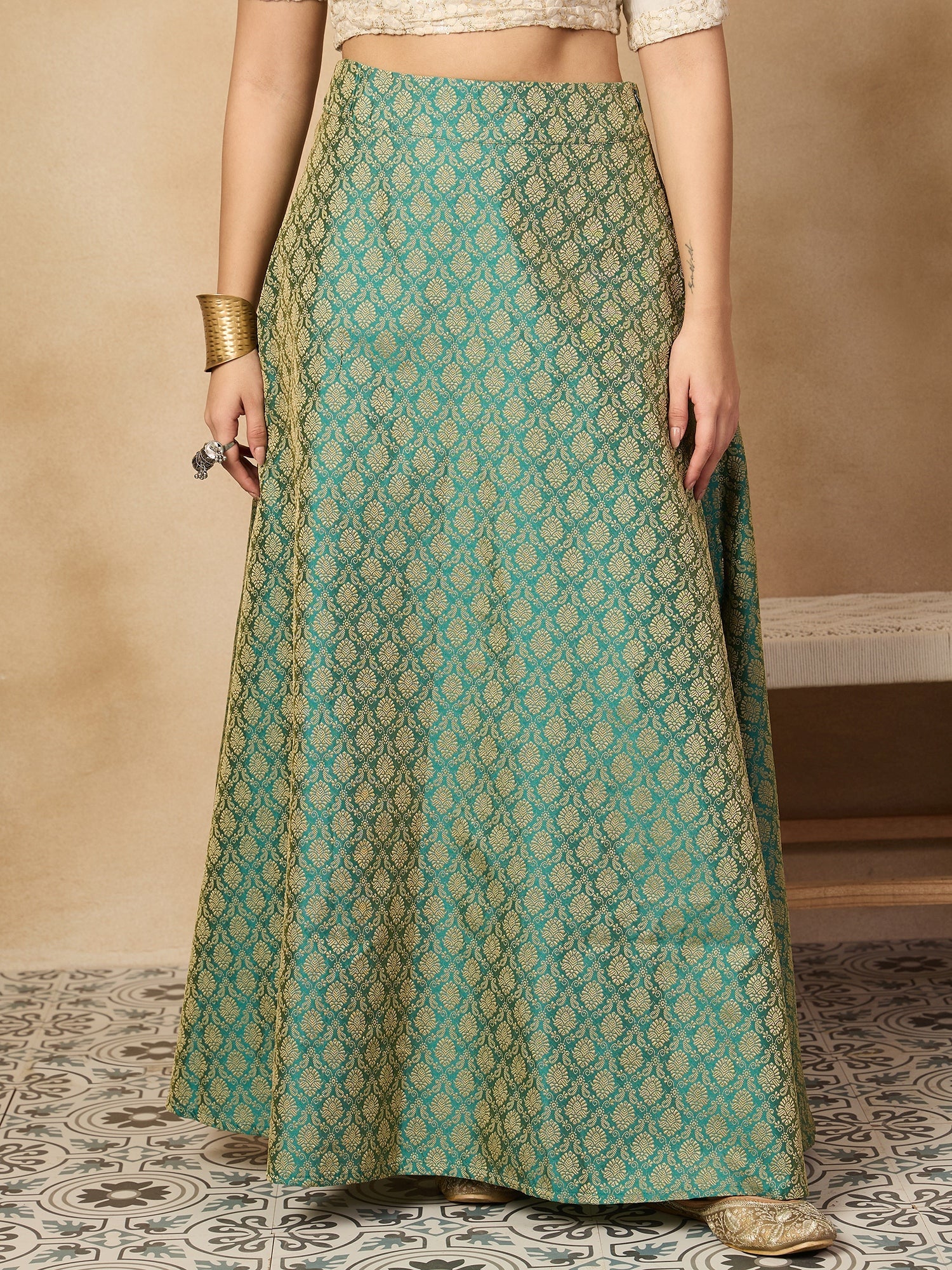 Women's Light Green Brocade Side Slit Skirt - InWeave