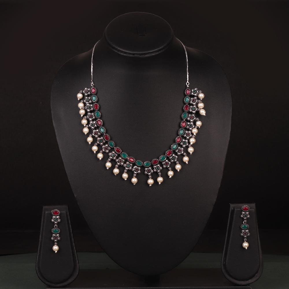 Women's Intricate Stone Studded Oxidised Necklace Set In Red & Green