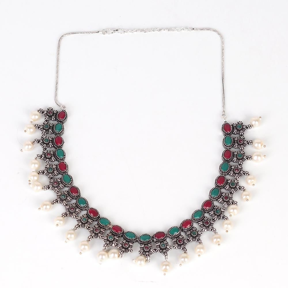Women's Intricate Stone Studded Oxidised Necklace Set In Red & Green