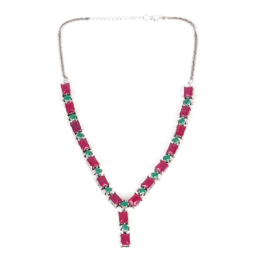 Women's Oxidised Necklace Set In Red And Green