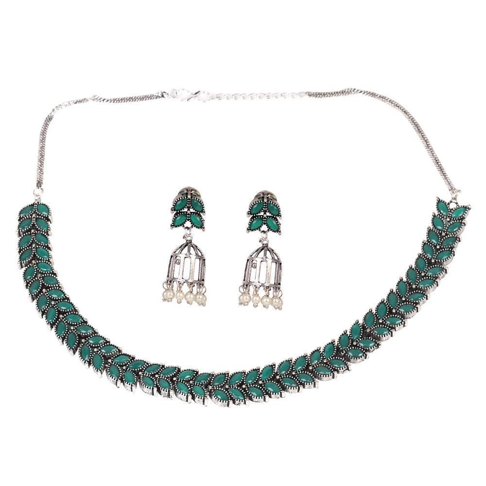Women's Cage Motif Neckpiece Set Wit Green Stones