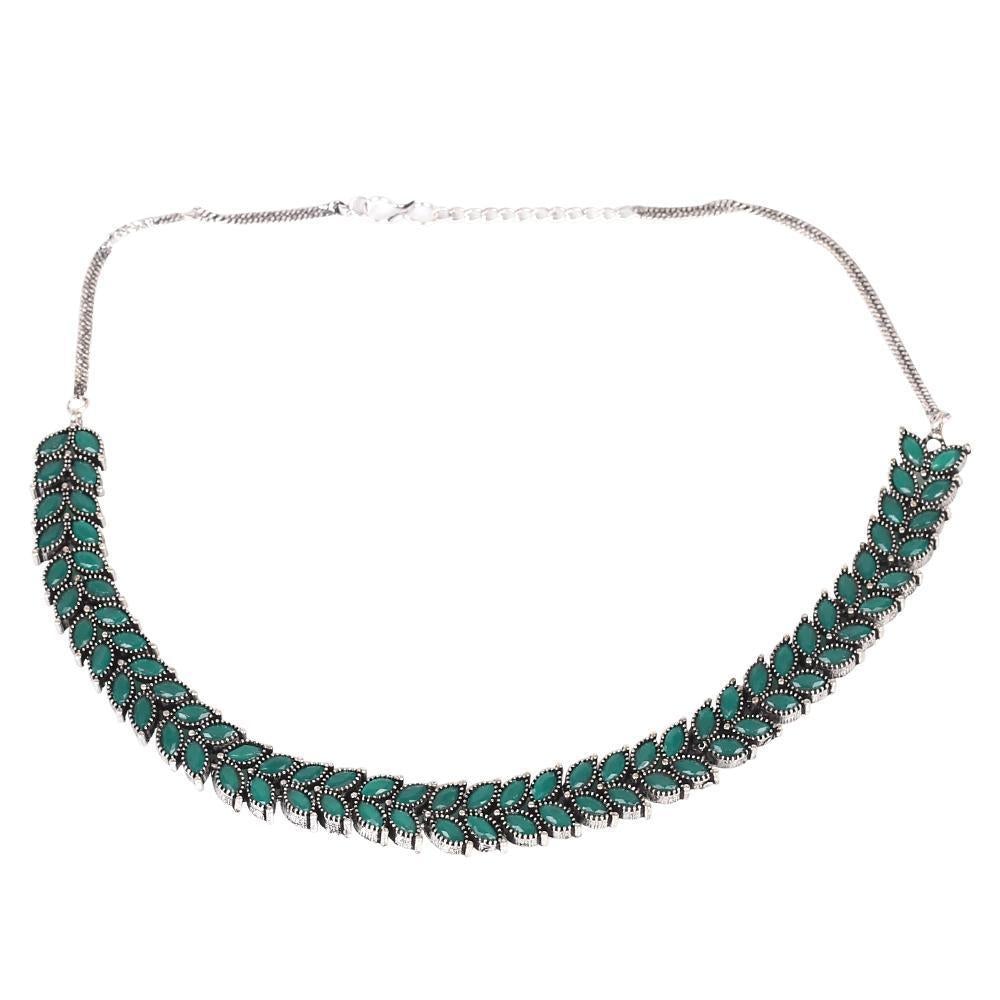 Women's Cage Motif Neckpiece Set Wit Green Stones