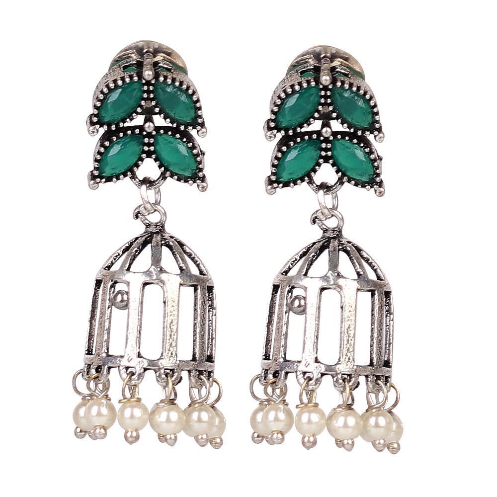 Women's Cage Motif Neckpiece Set Wit Green Stones
