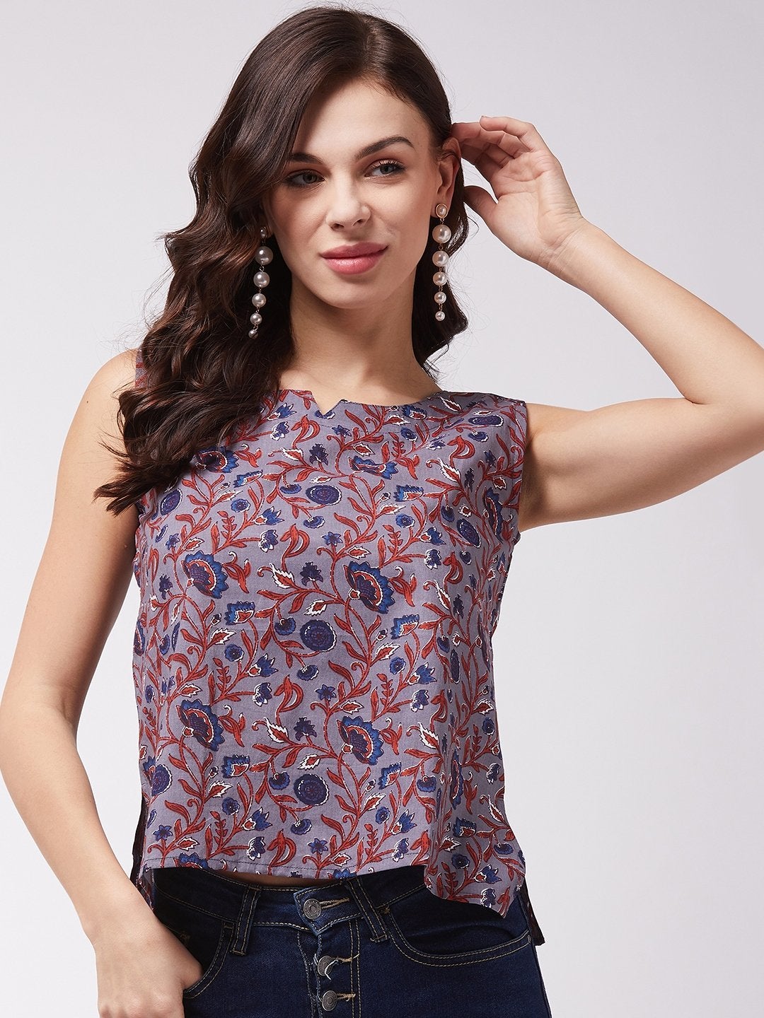 Women's Grey Kalamkari Print Top