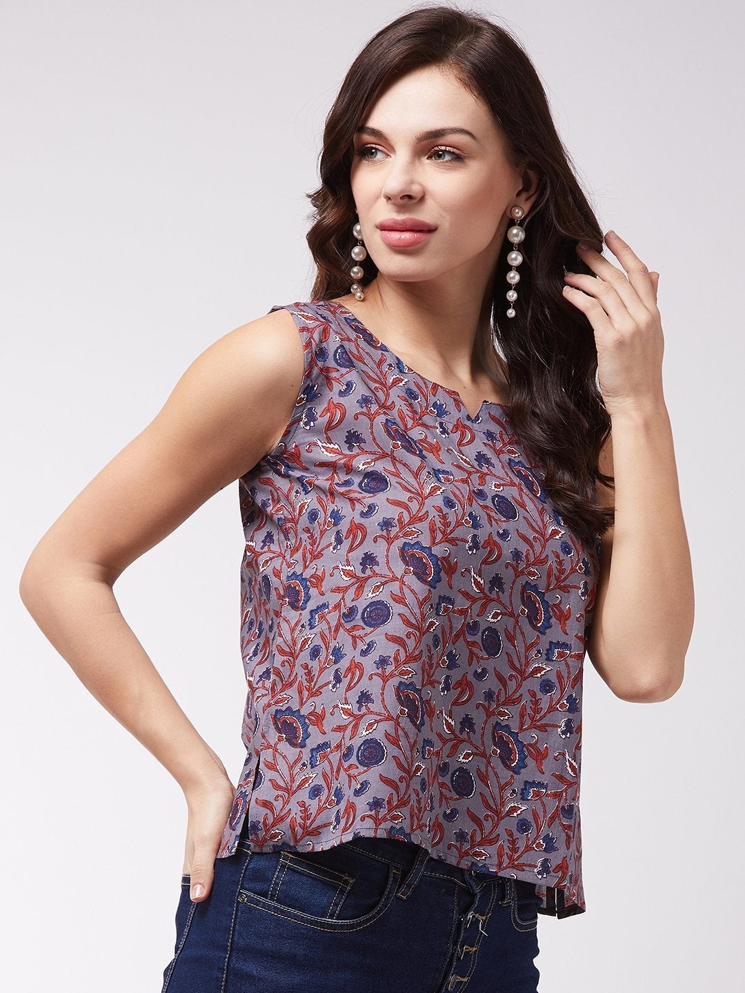 Women's Grey Kalamkari Print Top