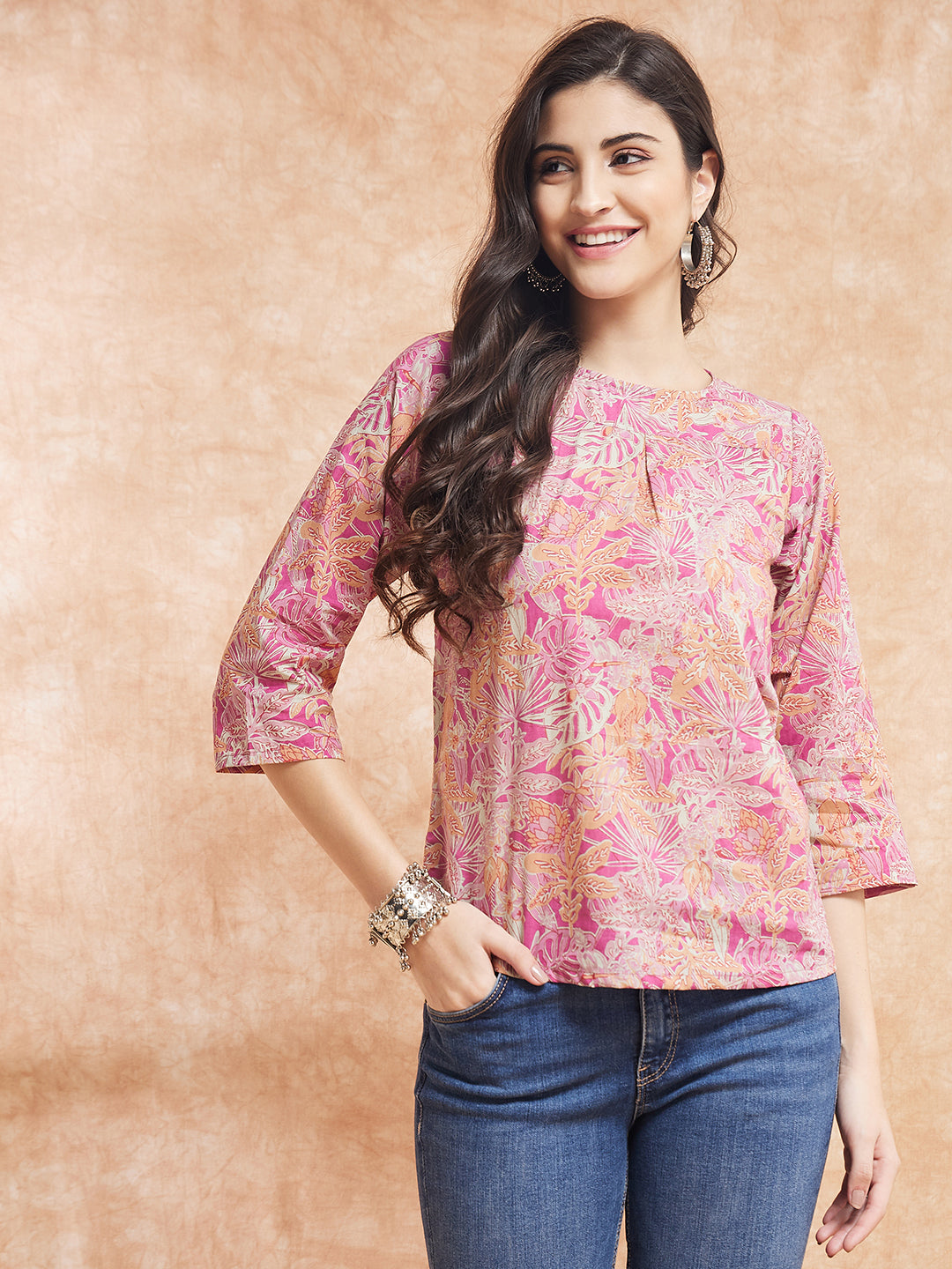 Women's Pink Coral Floral Print Top - InWeave